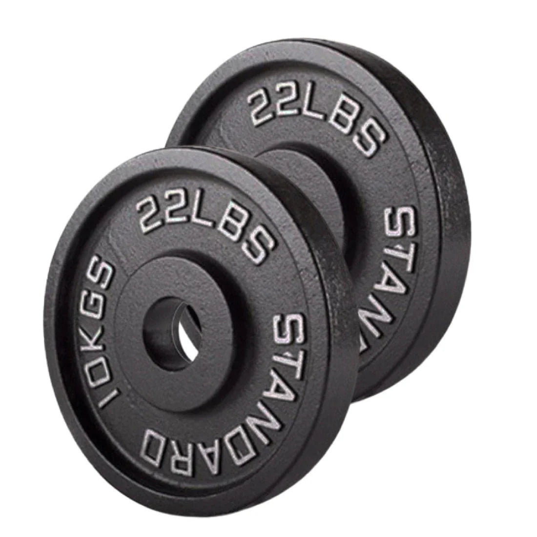 Two black weight plates with '22 lbs' and '10 kg' markings on a white background.