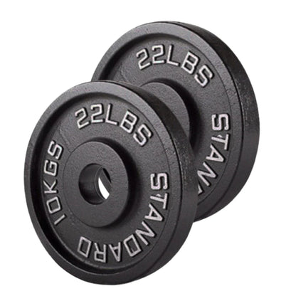 Two black weight plates with '22 lbs' and '10 kg' markings on a white background.