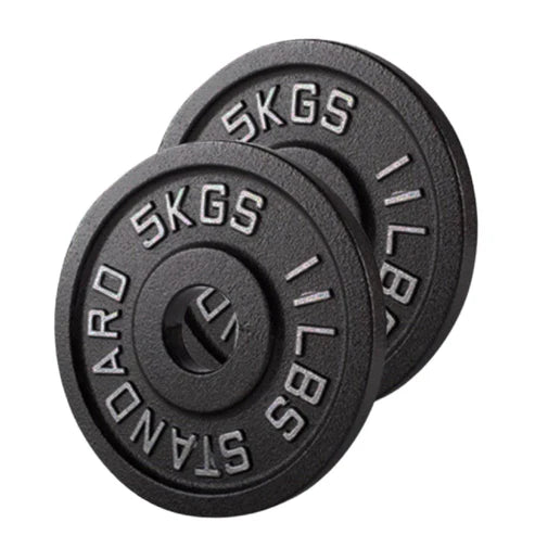 Two black weight plates with 'SKGS' branding on a white background