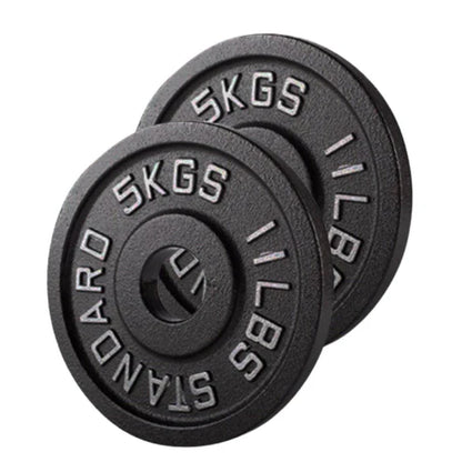 Two black weight plates with 'SKGS' branding on a white background