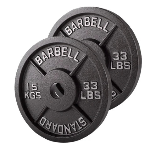 Two black barbell weight plates with 'Barbell' and 'Standardo' branding on a white background.