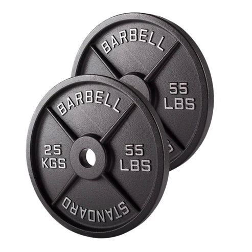Two black barbell weight plates with 'Barbell' and 'Standard' branding on a white background.