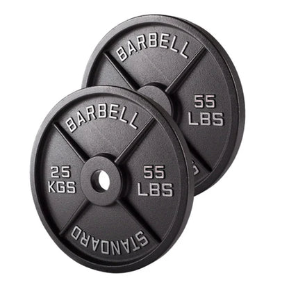 Two black barbell weight plates with 'Barbell' and 'Standard' branding on a white background.