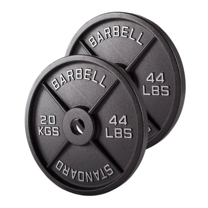 Two weight plates labeled 'Barbell' with weight markings on a white background