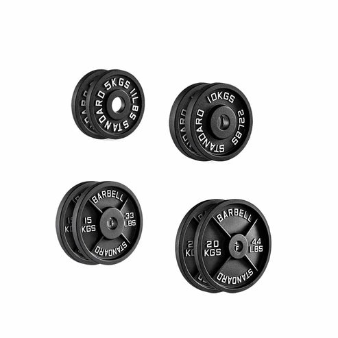 Two black weight plates with measurement markings on a white background