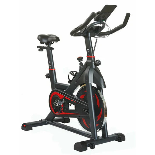 Black and red stationary bike on a white background