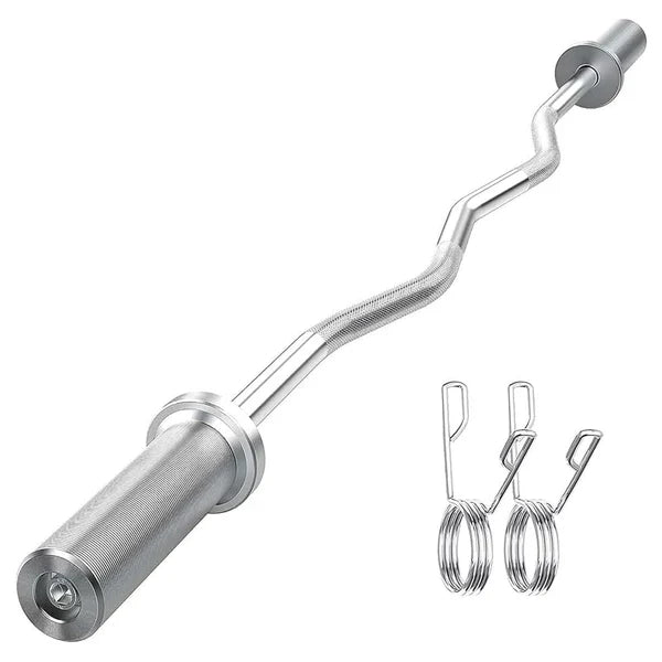 Silver curved barbell with attachments on a white background