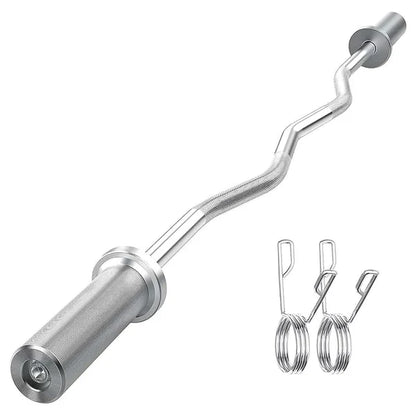 Silver curved barbell with attachments on a white background