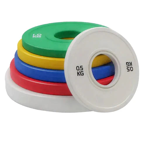 Set of colorful weight plates with '0.5 KG' marking on a white background