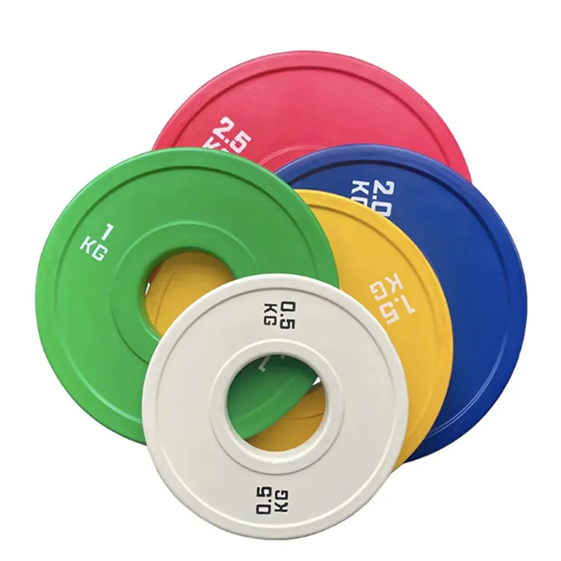Colorful weightlifting plates with different weights on a white background