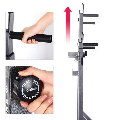 Fitness equipment with adjustable bar and hand holding it, showing assembly instructions.