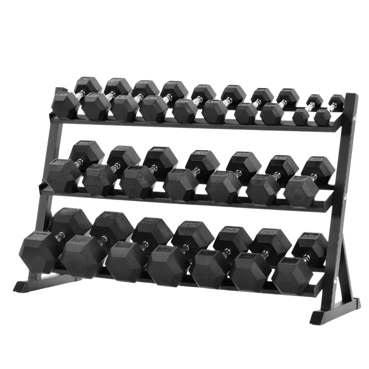 Dumbbell set with a metal rack on a white background