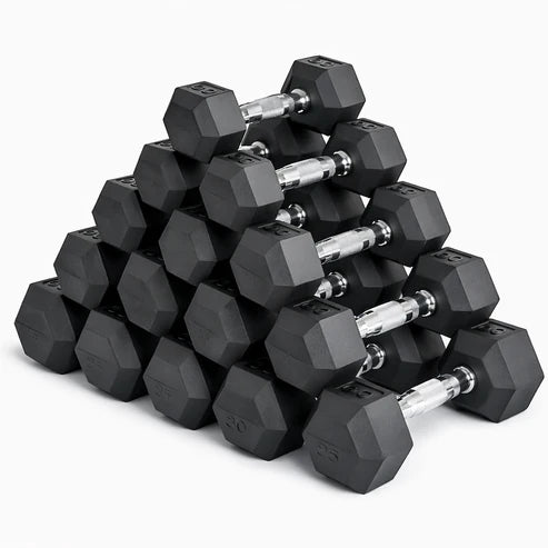 Stack of black hexagonal dumbbells on a white background