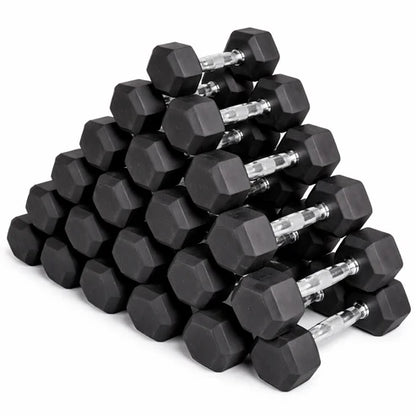 Stack of black hexagonal dumbbells on a white background