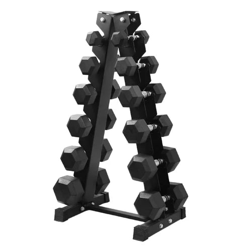 Black dumbbell rack with hexagonal dumbbells on a white background