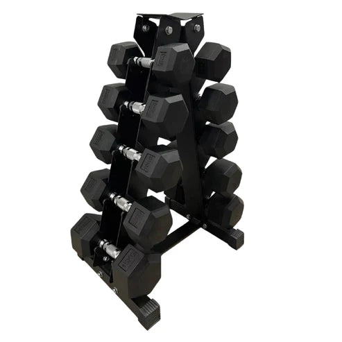 Set of black hexagonal dumbbells on a white background