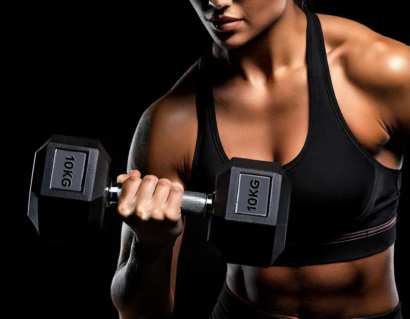 Person lifting a 10kg dumbbell against a black background
