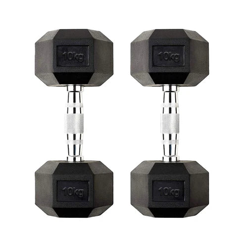 Pair of 10kg hexagonal dumbbells on a white background