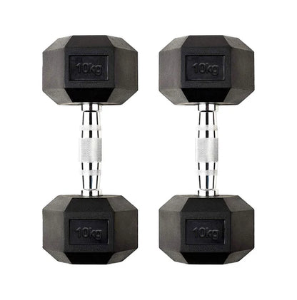 Pair of 10kg hexagonal dumbbells on a white background