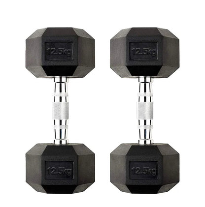 Pair of black hexagonal dumbbells with '12.5kg' marking on a white background