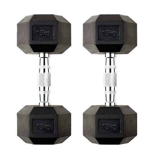 Pair of black hexagonal dumbbells with 15kg marking on a white background