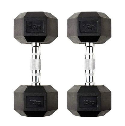 Pair of black hexagonal dumbbells with 15kg marking on a white background
