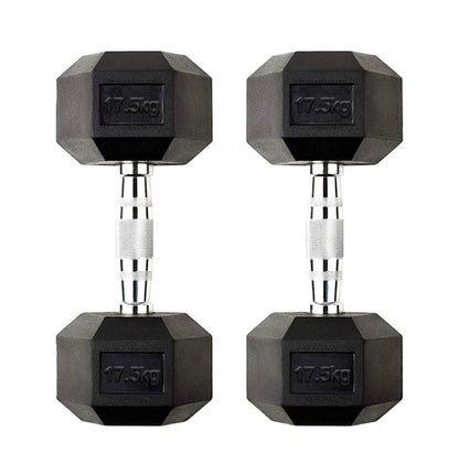 Pair of black hexagonal dumbbells with 17.5 kg markings on a white background