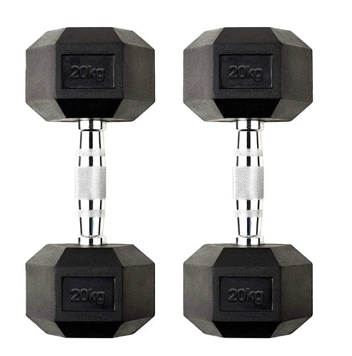 Pair of black hexagonal dumbbells with '20kg' marking on a white background