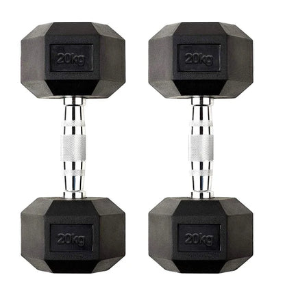 Pair of black hexagonal dumbbells with '20kg' marking on a white background