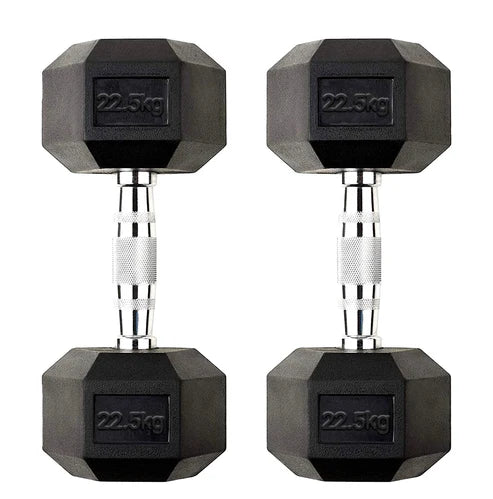 Pair of black hexagonal dumbbells with 22.5kg marking on a white background