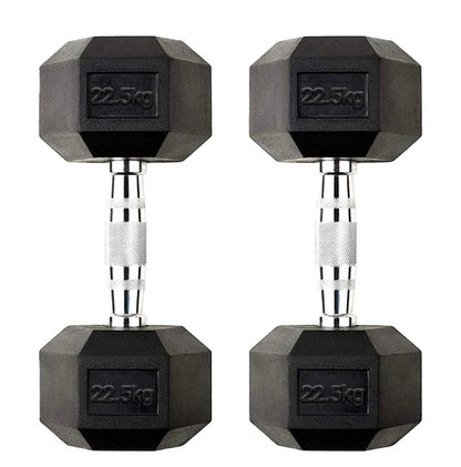 Pair of black hexagonal dumbbells with 22.5kg marking on a white background