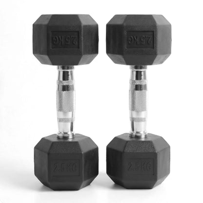 Pair of black hexagonal dumbbells with 2.5 kg marking on a white background