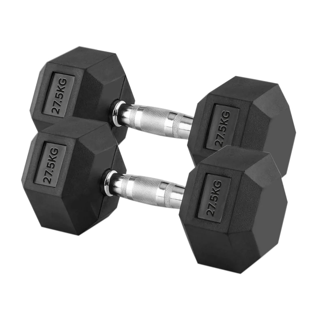 Pair of black hexagonal dumbbells with weight markings on a white background