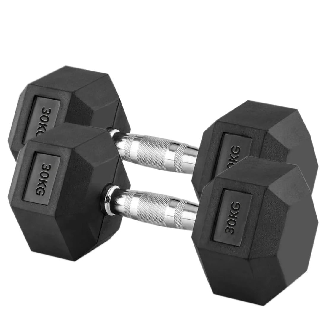 Pair of black hexagonal dumbbells with '30KG' marking on a white background