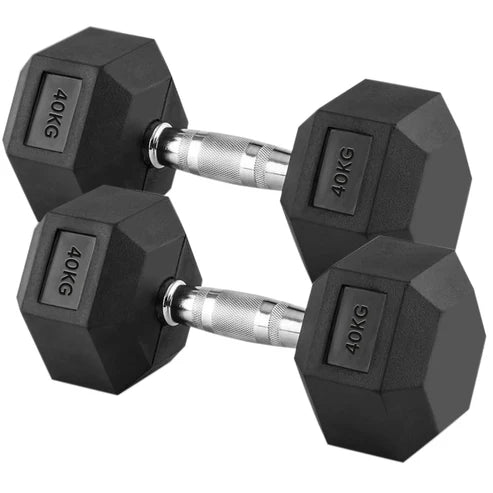 Pair of black hexagonal dumbbells with '40KG' marking on a white background
