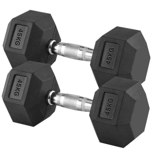 Pair of black hexagonal dumbbells with '45KG' marking on a white background