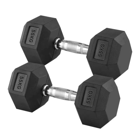 Pair of black hexagonal dumbbells with 55KG marking on a white background