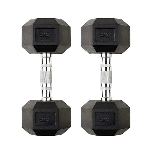 Pair of black hexagonal dumbbells with silver ends on a white background