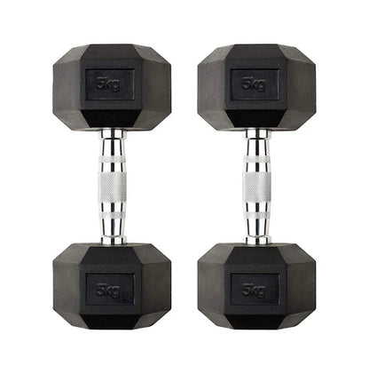 Pair of black hexagonal dumbbells with silver ends on a white background