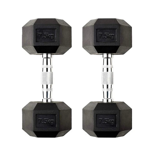 Pair of 7.5kg hexagonal dumbbells on a white background