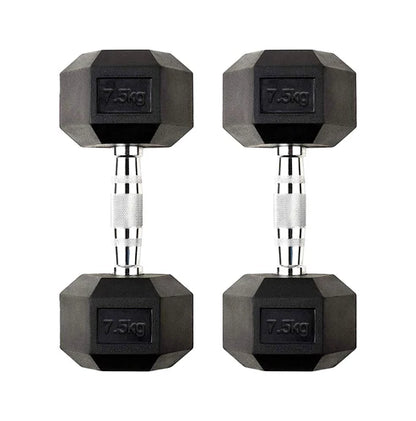 Pair of 7.5kg hexagonal dumbbells on a white background