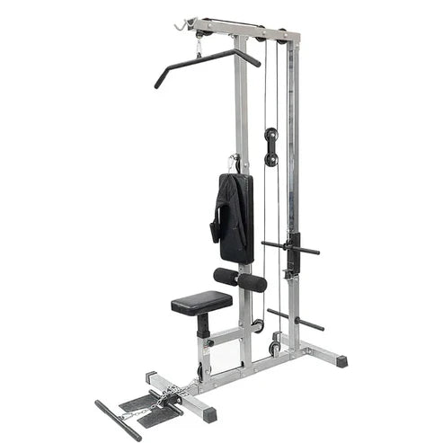 Gym equipment with various attachments on a white background