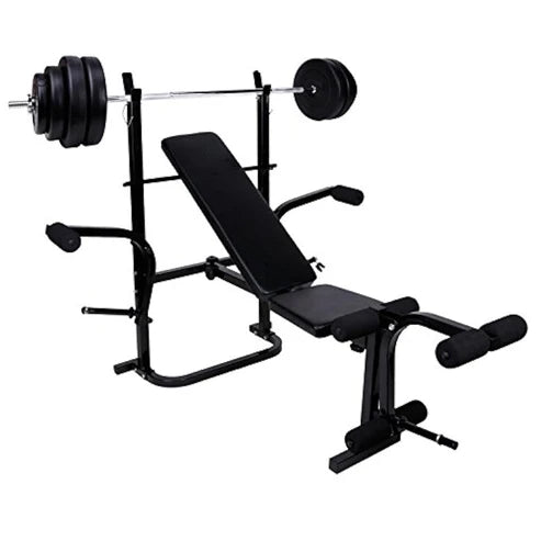 Black weight bench with weight plates on a white background