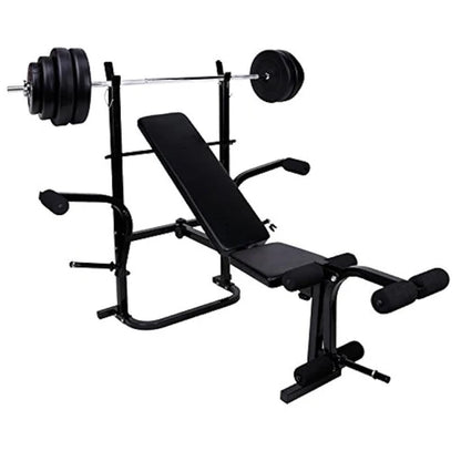 Black weight bench with weight plates on a white background