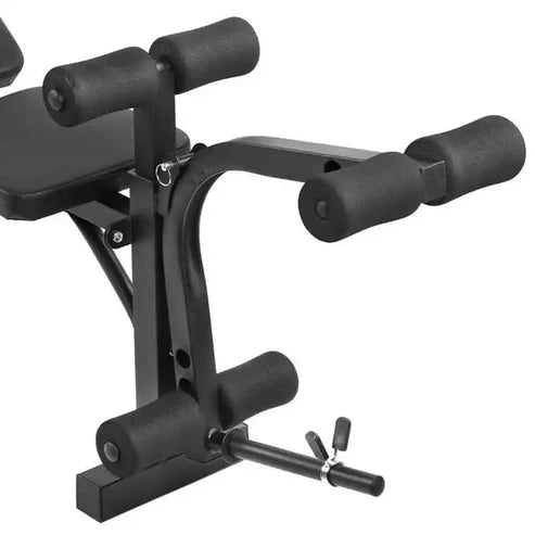 Black adjustable weight bench on a white background
