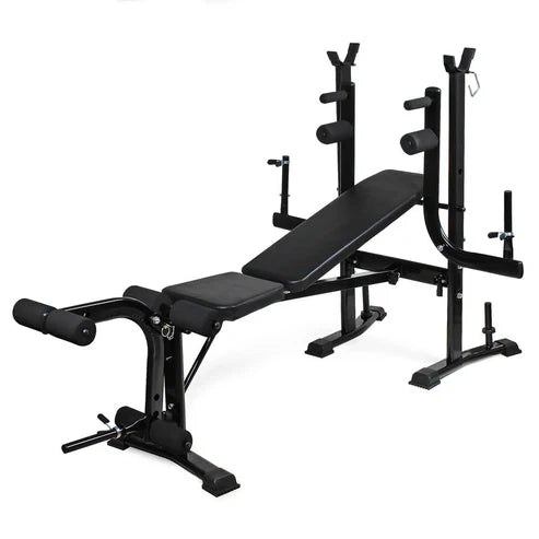Black weight bench with adjustable components on a white background
