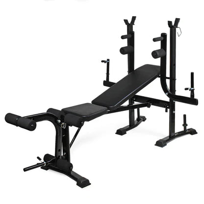 Black weight bench with adjustable components on a white background