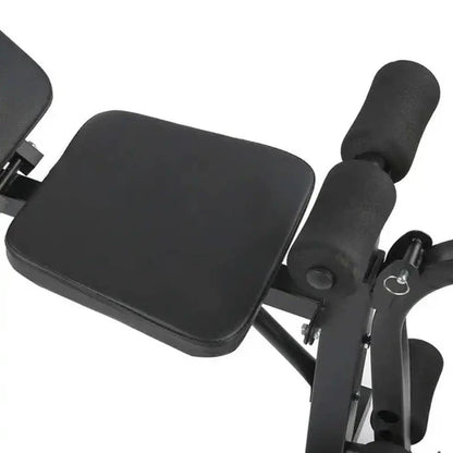 Black exercise device with seat and handles on a white background
