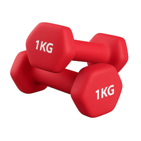 Pair of red 1KG dumbbells on a white background