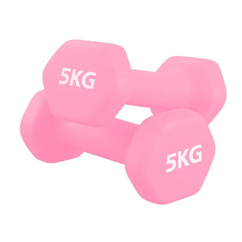 Pair of pink 5KG dumbbells on a white background